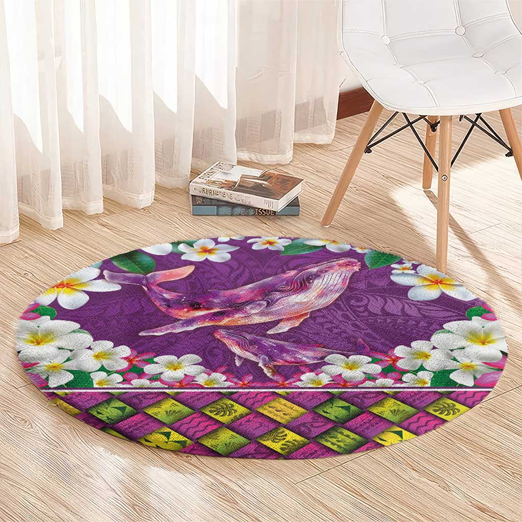Hawaiian Plumeria and Humpback Whales Round Carpet Polynerian Art Tattoo-Mauve Color