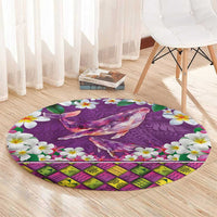 Hawaiian Plumeria and Humpback Whales Round Carpet Polynerian Art Tattoo-Mauve Color
