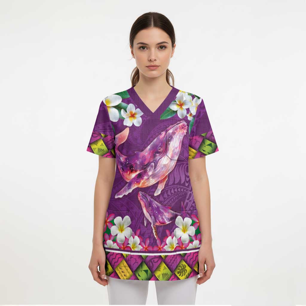 Hawaiian Plumeria and Humpback Whales Scrub Top Polynerian Art Tattoo-Mauve Color LT03 - Polynesian Pride