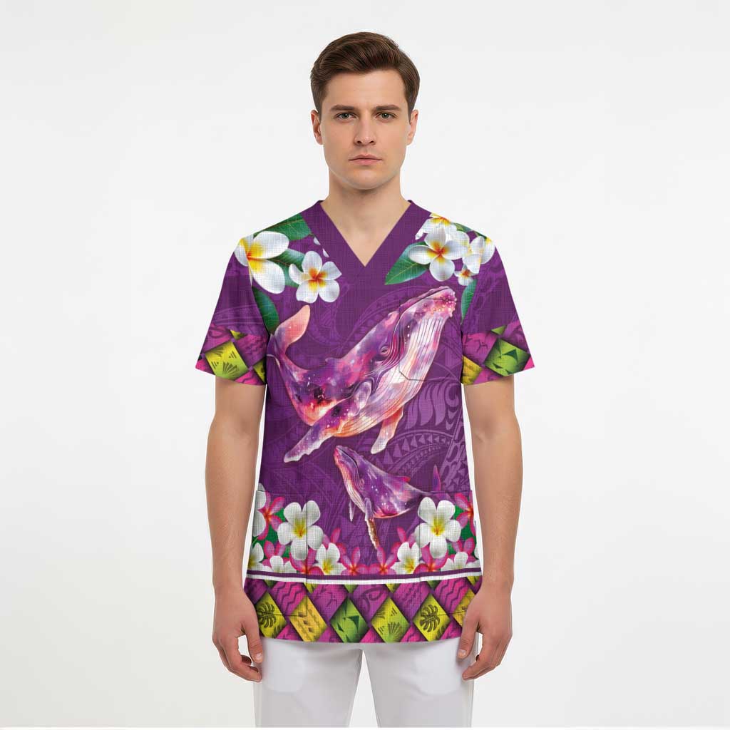 Hawaiian Plumeria and Humpback Whales Scrub Top Polynerian Art Tattoo-Mauve Color LT03 - Polynesian Pride