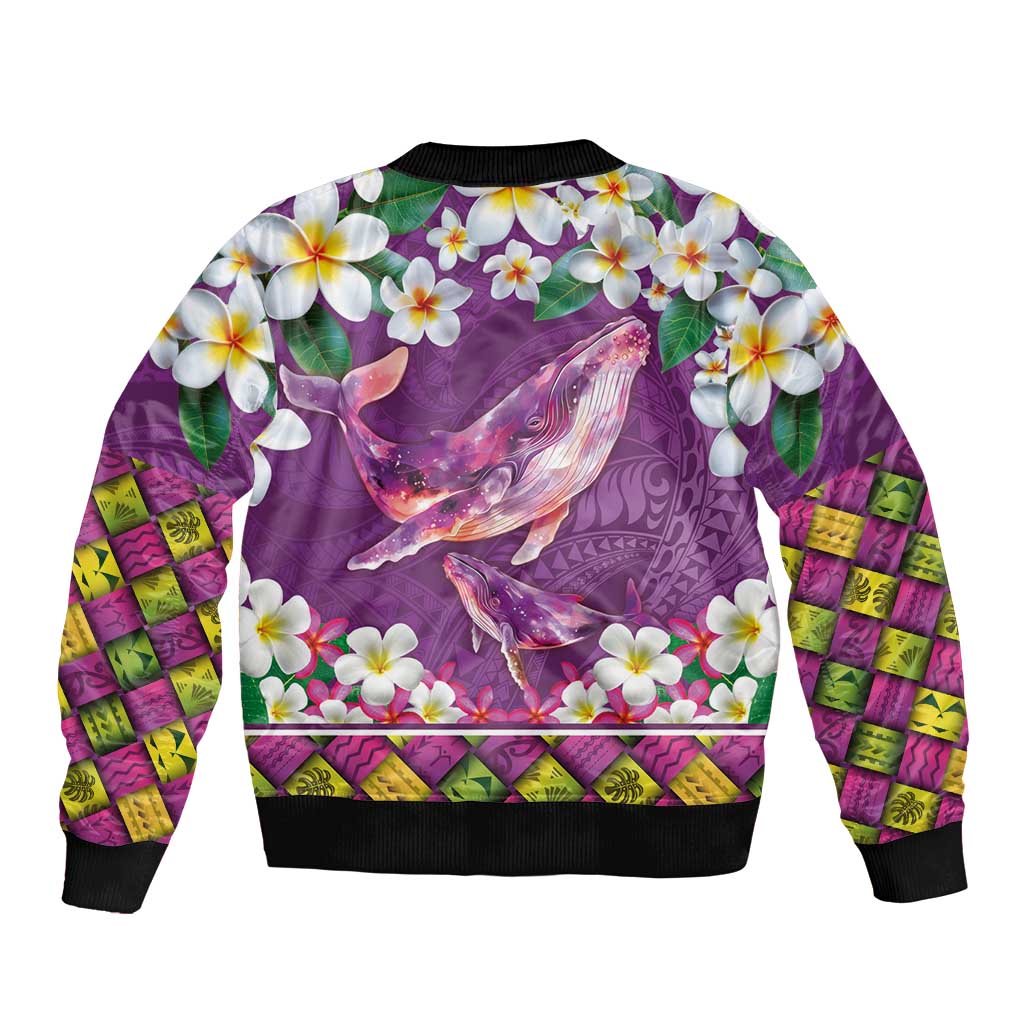 Hawaiian Plumeria and Humpback Whales Sleeve Zip Bomber Jacket Polynerian Art Tattoo-Mauve Color LT03 - Polynesian Pride