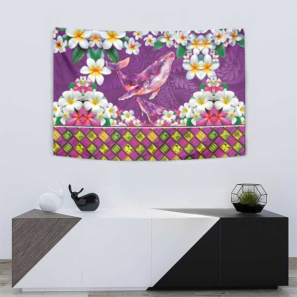 Hawaiian Plumeria and Humpback Whales Tapestry Polynerian Art Tattoo-Mauve Color