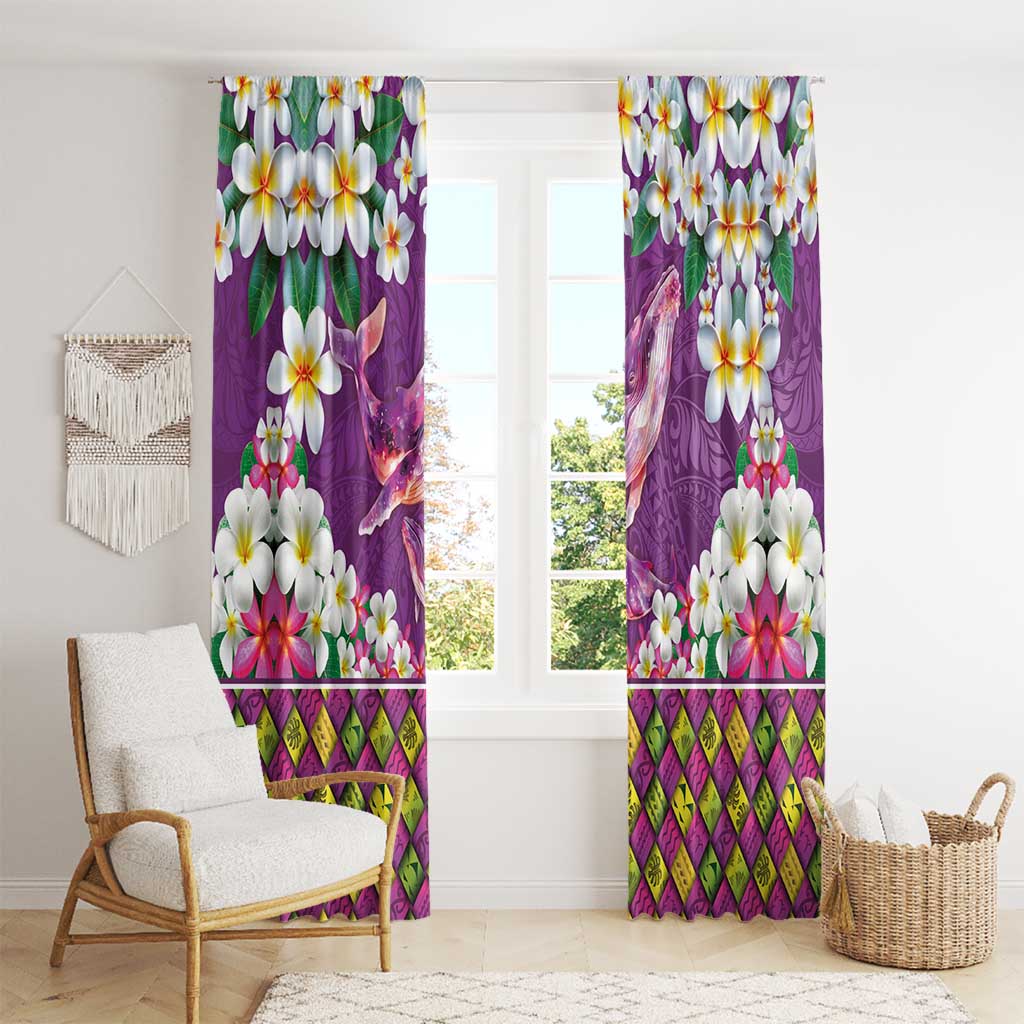 Hawaiian Plumeria and Humpback Whales Window Curtain Polynerian Art Tattoo-Mauve Color