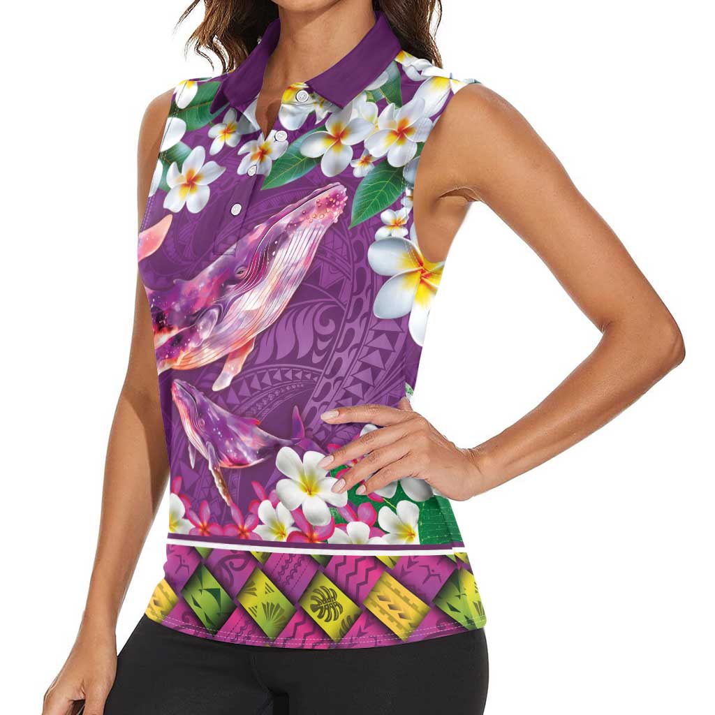 Hawaiian Plumeria and Humpback Whales Women Sleeveless Polo Shirt Polynerian Art Tattoo-Mauve Color LT03 - Polynesian Pride