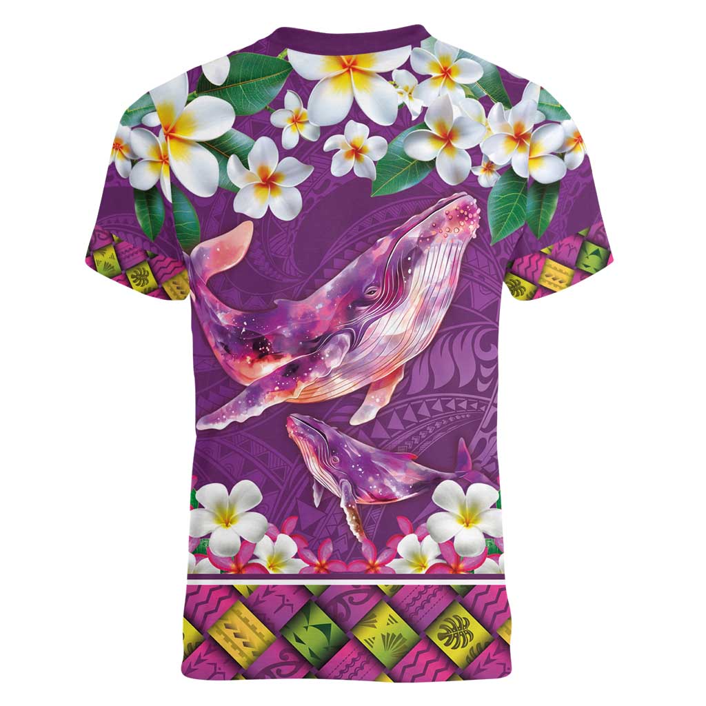 Hawaiian Plumeria and Humpback Whales Women V-Neck T-Shirt Polynerian Art Tattoo-Mauve Color LT03 - Polynesian Pride