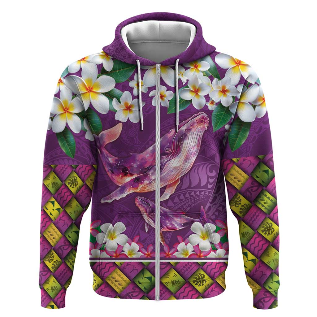Hawaiian Plumeria and Humpback Whales Zip Hoodie Polynerian Art Tattoo-Mauve Color