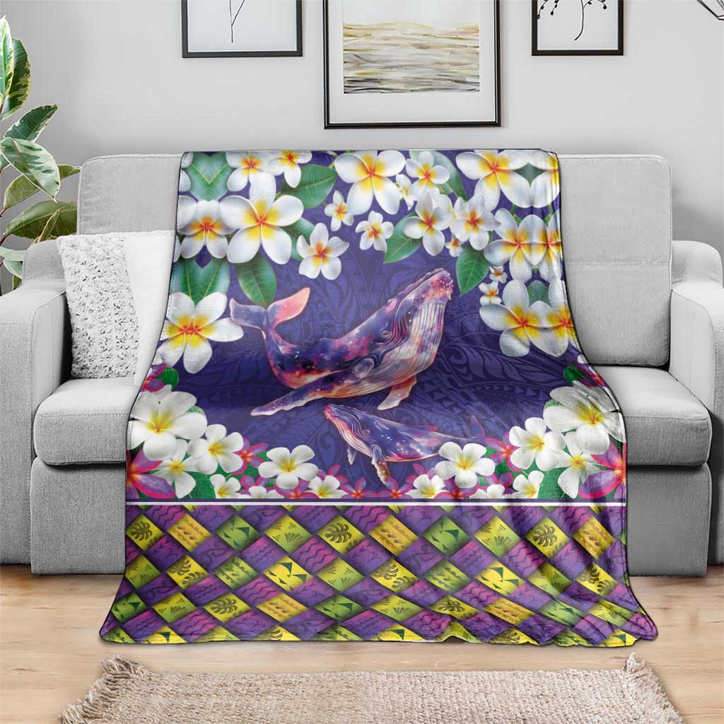Hawaiian Plumeria and Humpback Whales Blanket Polynerian Art Tattoo-Navy Color