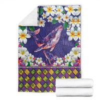 Hawaiian Plumeria and Humpback Whales Blanket Polynerian Art Tattoo-Navy Color