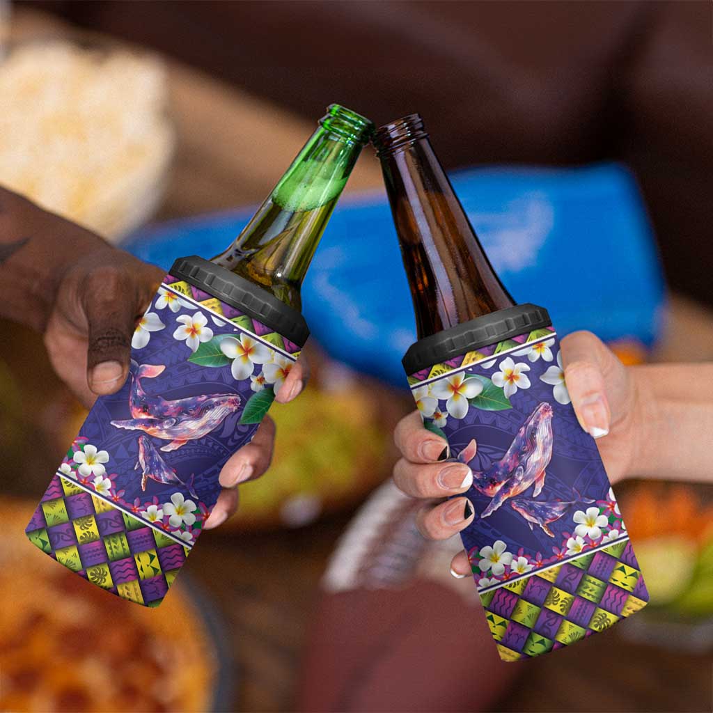 Hawaiian Plumeria and Humpback Whales 4 in 1 Can Cooler Tumbler Polynerian Art Tattoo-Navy Color