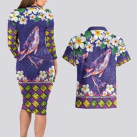 Hawaiian Plumeria and Humpback Whales Couples Matching Long Sleeve Bodycon Dress and Hawaiian Shirt Polynerian Art Tattoo-Navy Color