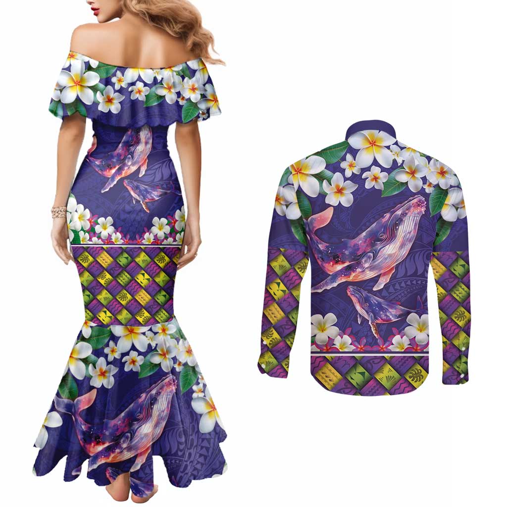 Hawaiian Plumeria and Humpback Whales Couples Matching Mermaid Dress and Long Sleeve Button Shirt Polynerian Art Tattoo-Navy Color