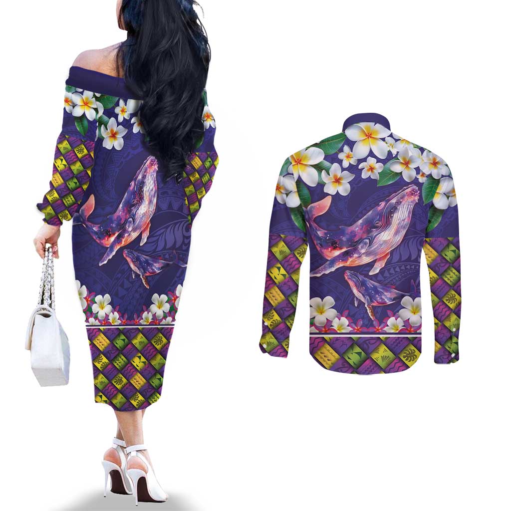 Hawaiian Plumeria and Humpback Whales Couples Matching Off The Shoulder Long Sleeve Dress and Long Sleeve Button Shirt Polynerian Art Tattoo-Navy Color