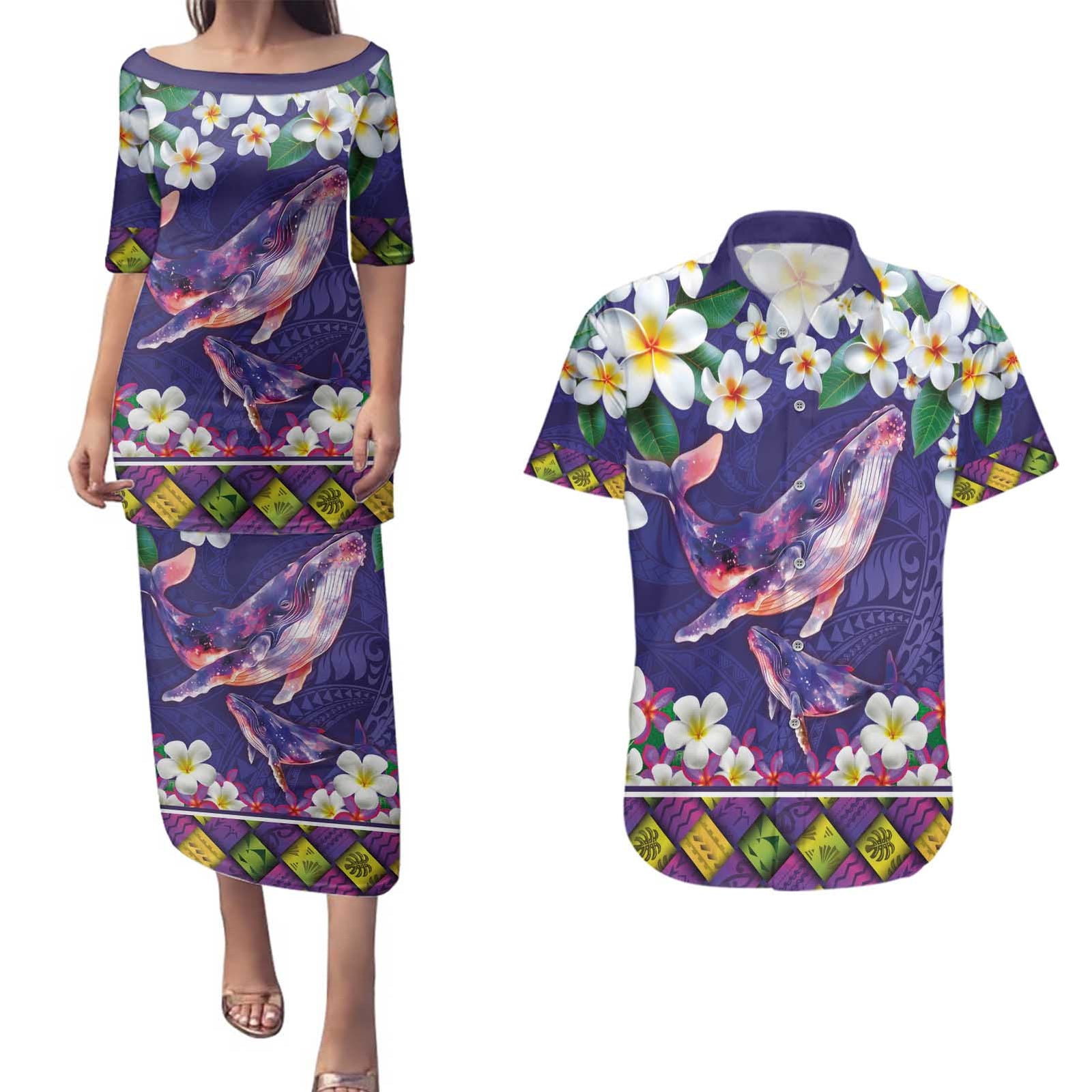 Hawaiian Plumeria and Humpback Whales Couples Matching Puletasi and Hawaiian Shirt Polynerian Art Tattoo-Navy Color