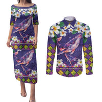 Hawaiian Plumeria and Humpback Whales Couples Matching Puletasi and Long Sleeve Button Shirt Polynerian Art Tattoo-Navy Color