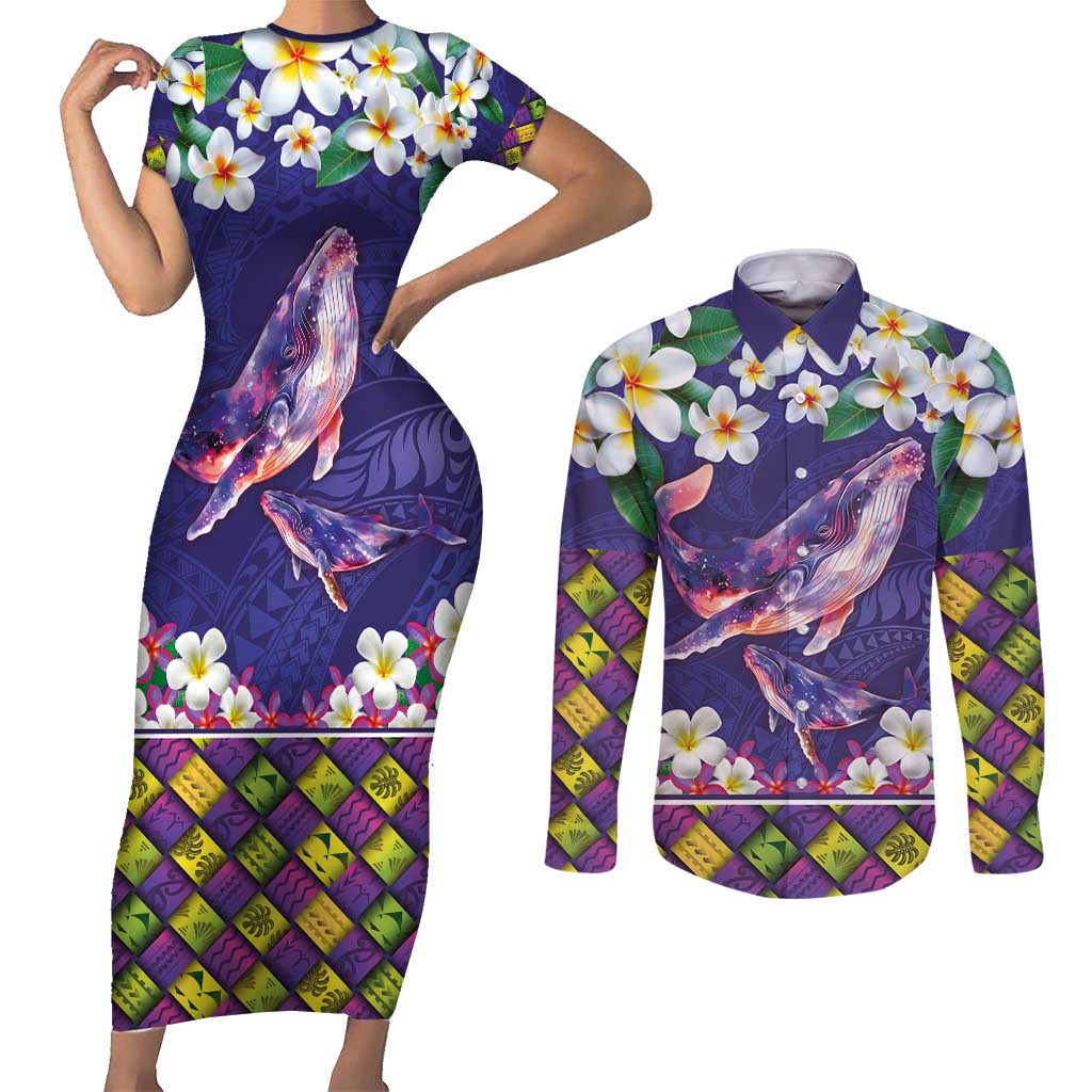 Hawaiian Plumeria and Humpback Whales Couples Matching Short Sleeve Bodycon Dress and Long Sleeve Button Shirt Polynerian Art Tattoo-Navy Color