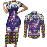 Hawaiian Plumeria and Humpback Whales Couples Matching Short Sleeve Bodycon Dress and Long Sleeve Button Shirt Polynerian Art Tattoo-Navy Color