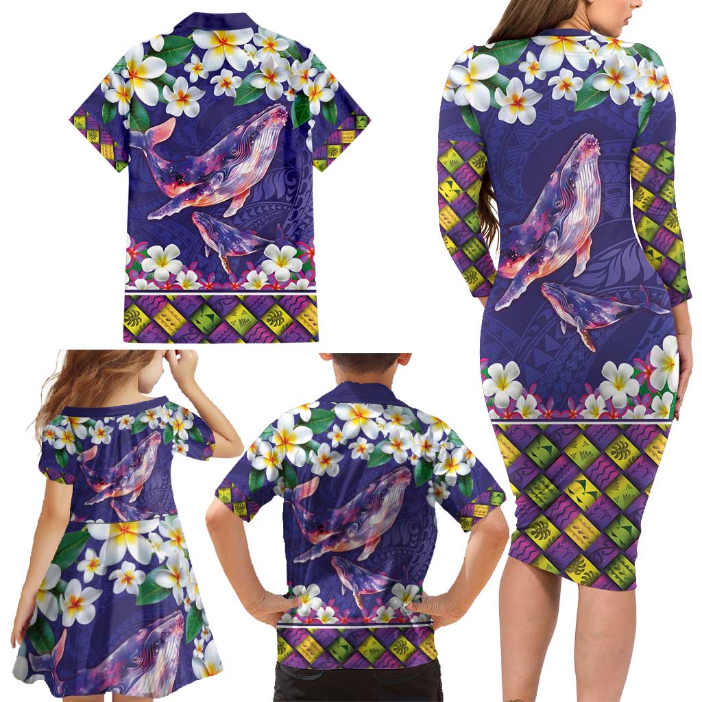 Hawaiian Plumeria and Humpback Whales Family Matching Long Sleeve Bodycon Dress and Hawaiian Shirt Polynerian Art Tattoo-Navy Color LT03 - Polynesian Pride