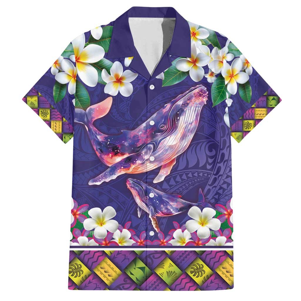Hawaiian Plumeria and Humpback Whales Family Matching Long Sleeve Bodycon Dress and Hawaiian Shirt Polynerian Art Tattoo-Navy Color LT03 Dad's Shirt - Short Sleeve Navy - Polynesian Pride
