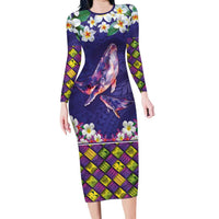 Hawaiian Plumeria and Humpback Whales Family Matching Long Sleeve Bodycon Dress and Hawaiian Shirt Polynerian Art Tattoo-Navy Color LT03 Mom's Dress Navy - Polynesian Pride