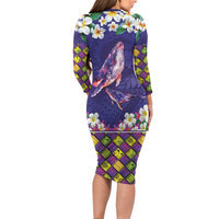 Hawaiian Plumeria and Humpback Whales Family Matching Long Sleeve Bodycon Dress and Hawaiian Shirt Polynerian Art Tattoo-Navy Color LT03 - Polynesian Pride