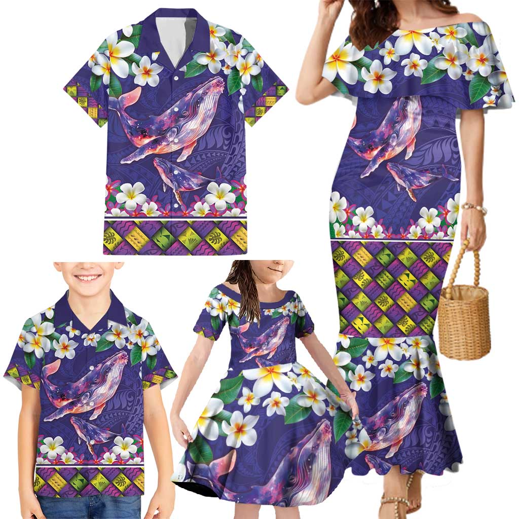 Hawaiian Plumeria and Humpback Whales Family Matching Mermaid Dress and Hawaiian Shirt Polynerian Art Tattoo-Navy Color