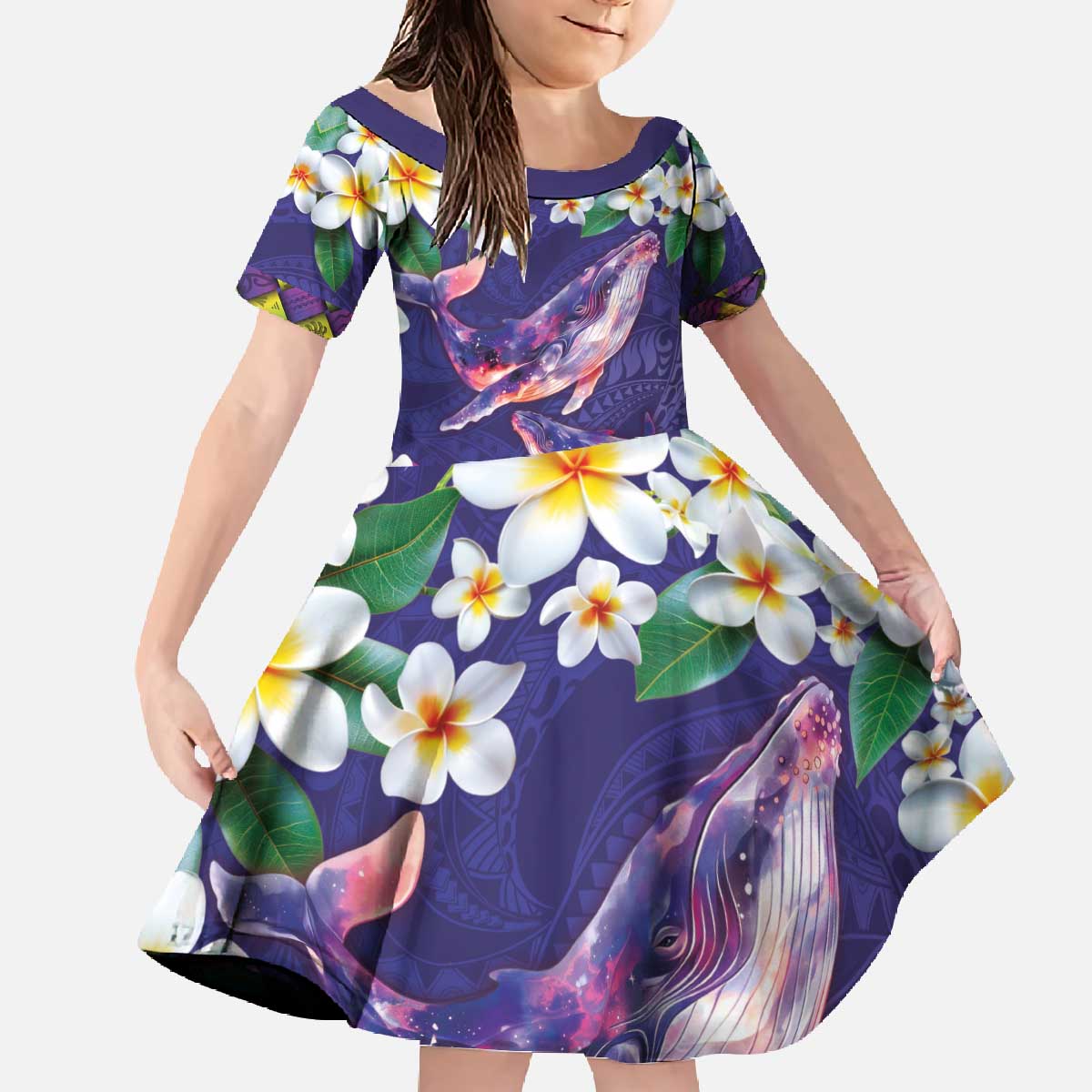 Hawaiian Plumeria and Humpback Whales Family Matching Off The Shoulder Long Sleeve Dress and Hawaiian Shirt Polynerian Art Tattoo-Navy Color