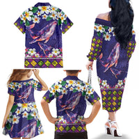 Hawaiian Plumeria and Humpback Whales Family Matching Off The Shoulder Long Sleeve Dress and Hawaiian Shirt Polynerian Art Tattoo-Navy Color