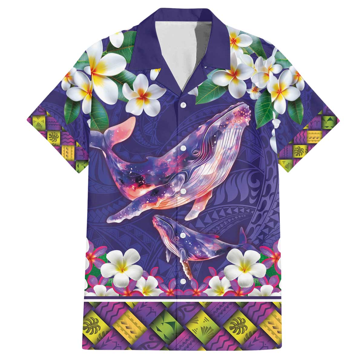 Hawaiian Plumeria and Humpback Whales Family Matching Off The Shoulder Long Sleeve Dress and Hawaiian Shirt Polynerian Art Tattoo-Navy Color