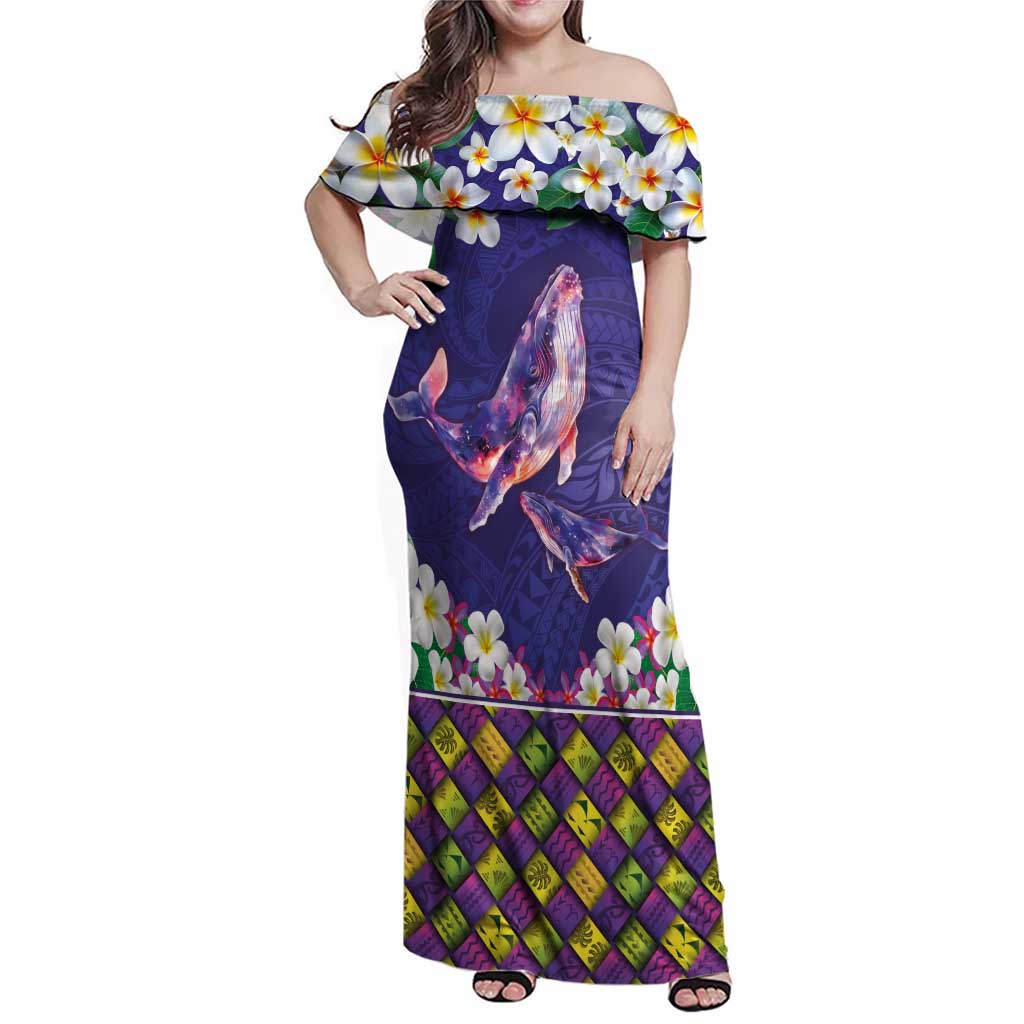 Hawaiian Plumeria and Humpback Whales Family Matching Off Shoulder Maxi Dress and Hawaiian Shirt Polynerian Art Tattoo-Navy Color