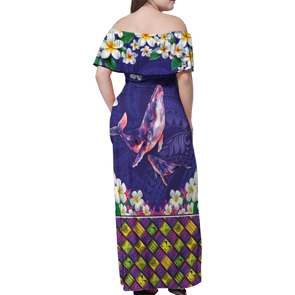 Hawaiian Plumeria and Humpback Whales Family Matching Off Shoulder Maxi Dress and Hawaiian Shirt Polynerian Art Tattoo-Navy Color