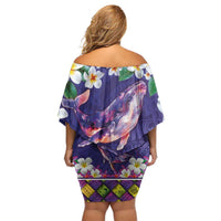 Hawaiian Plumeria and Humpback Whales Family Matching Off Shoulder Short Dress and Hawaiian Shirt Polynerian Art Tattoo-Navy Color