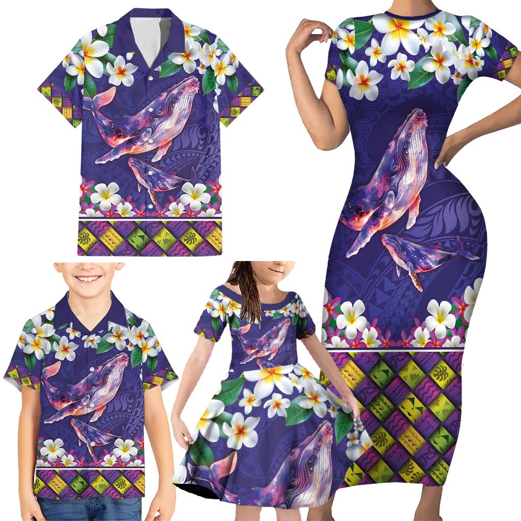 Hawaiian Plumeria and Humpback Whales Family Matching Short Sleeve Bodycon Dress and Hawaiian Shirt Polynerian Art Tattoo-Navy Color LT03 - Polynesian Pride