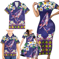 Hawaiian Plumeria and Humpback Whales Family Matching Short Sleeve Bodycon Dress and Hawaiian Shirt Polynerian Art Tattoo-Navy Color LT03 - Polynesian Pride