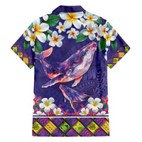 Hawaiian Plumeria and Humpback Whales Family Matching Short Sleeve Bodycon Dress and Hawaiian Shirt Polynerian Art Tattoo-Navy Color LT03 - Polynesian Pride