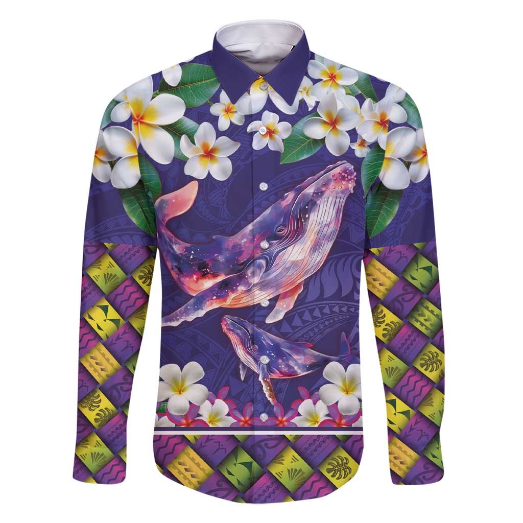 Hawaiian Plumeria and Humpback Whales Family Matching Short Sleeve Bodycon Dress and Hawaiian Shirt Polynerian Art Tattoo-Navy Color LT03 Dad's Shirt - Long Sleeve Navy - Polynesian Pride