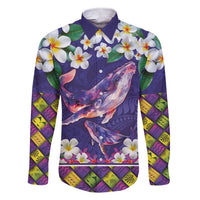 Hawaiian Plumeria and Humpback Whales Family Matching Short Sleeve Bodycon Dress and Hawaiian Shirt Polynerian Art Tattoo-Navy Color LT03 Dad's Shirt - Long Sleeve Navy - Polynesian Pride