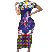 Hawaiian Plumeria and Humpback Whales Family Matching Short Sleeve Bodycon Dress and Hawaiian Shirt Polynerian Art Tattoo-Navy Color LT03 Mom's Dress Navy - Polynesian Pride