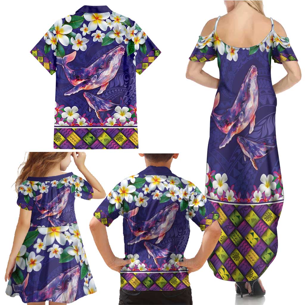 Hawaiian Plumeria and Humpback Whales Family Matching Summer Maxi Dress and Hawaiian Shirt Polynerian Art Tattoo-Navy Color