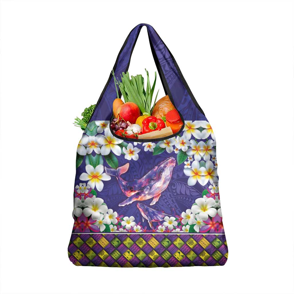 Hawaiian Plumeria and Humpback Whales Grocery Bag Polynerian Art Tattoo-Navy Color