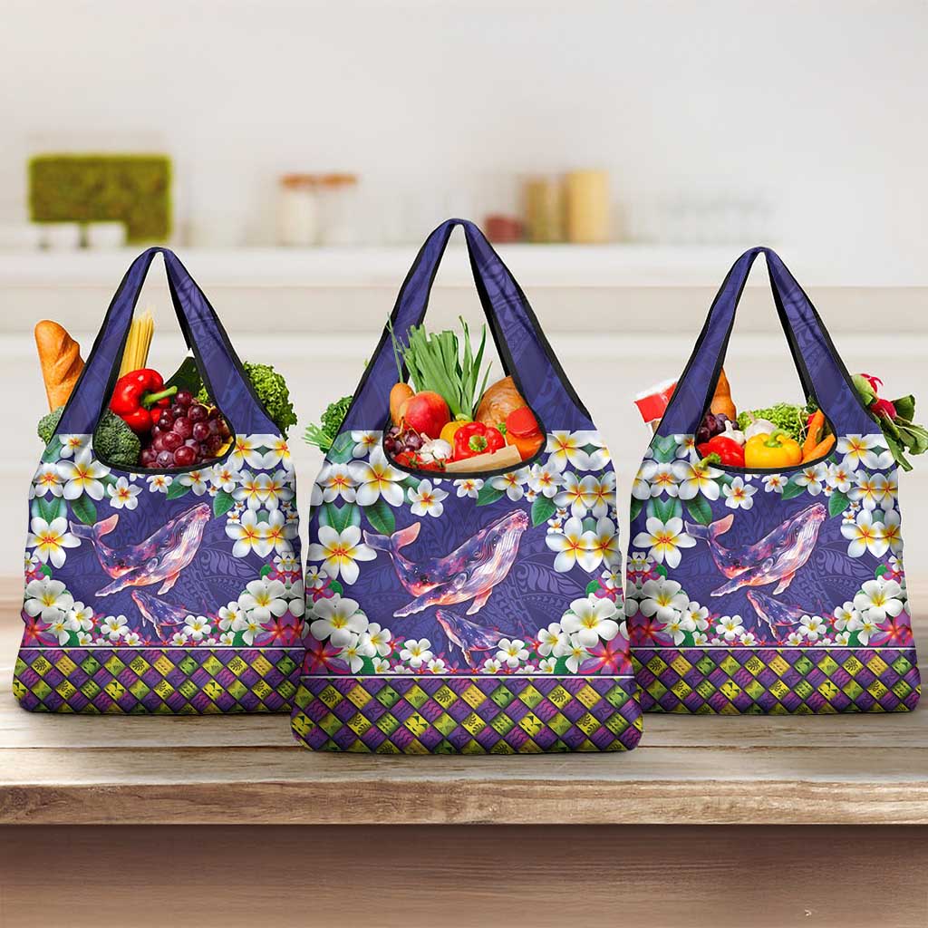 Hawaiian Plumeria and Humpback Whales Grocery Bag Polynerian Art Tattoo-Navy Color