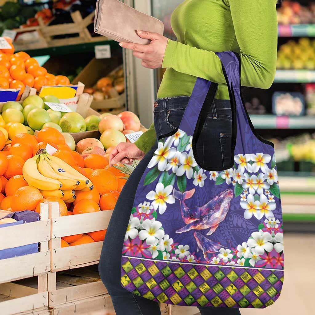 Hawaiian Plumeria and Humpback Whales Grocery Bag Polynerian Art Tattoo-Navy Color