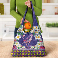 Hawaiian Plumeria and Humpback Whales Grocery Bag Polynerian Art Tattoo-Navy Color