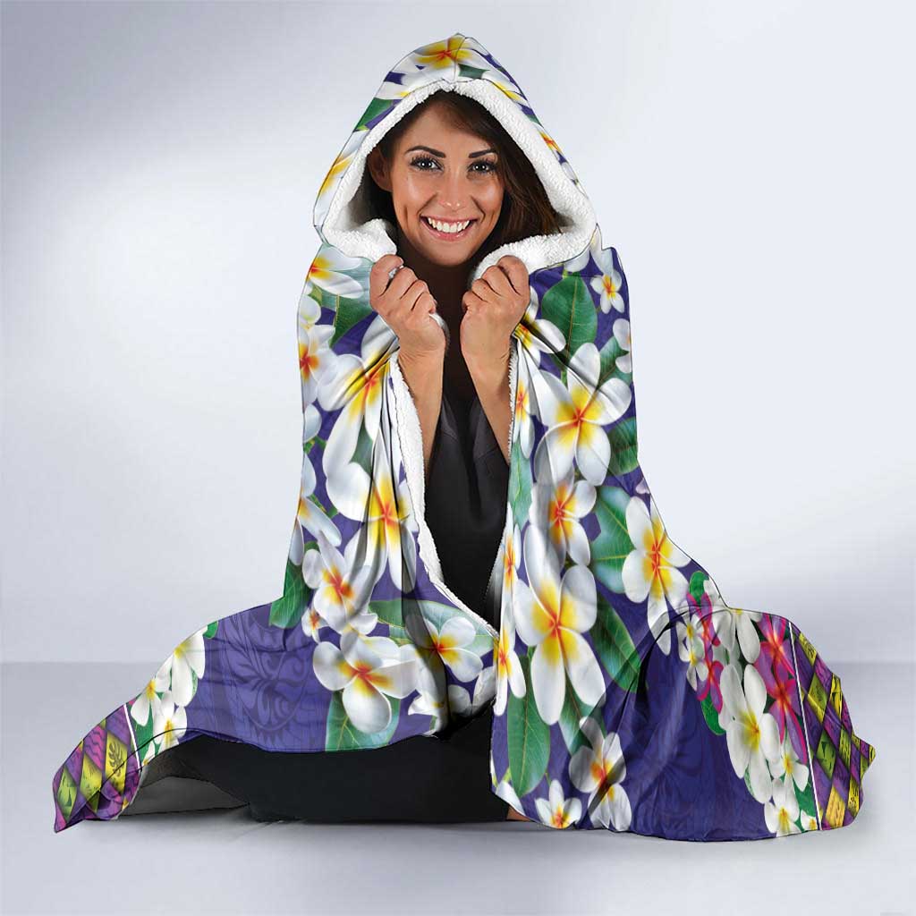 Hawaiian Plumeria and Humpback Whales Hooded Blanket Polynerian Art Tattoo-Navy Color