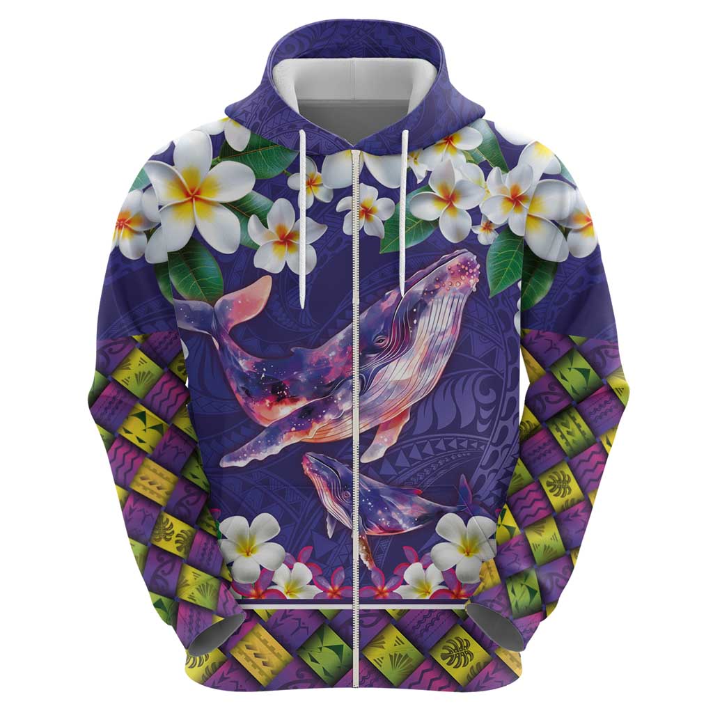 Hawaiian Plumeria and Humpback Whales Hoodie Polynerian Art Tattoo-Navy Color