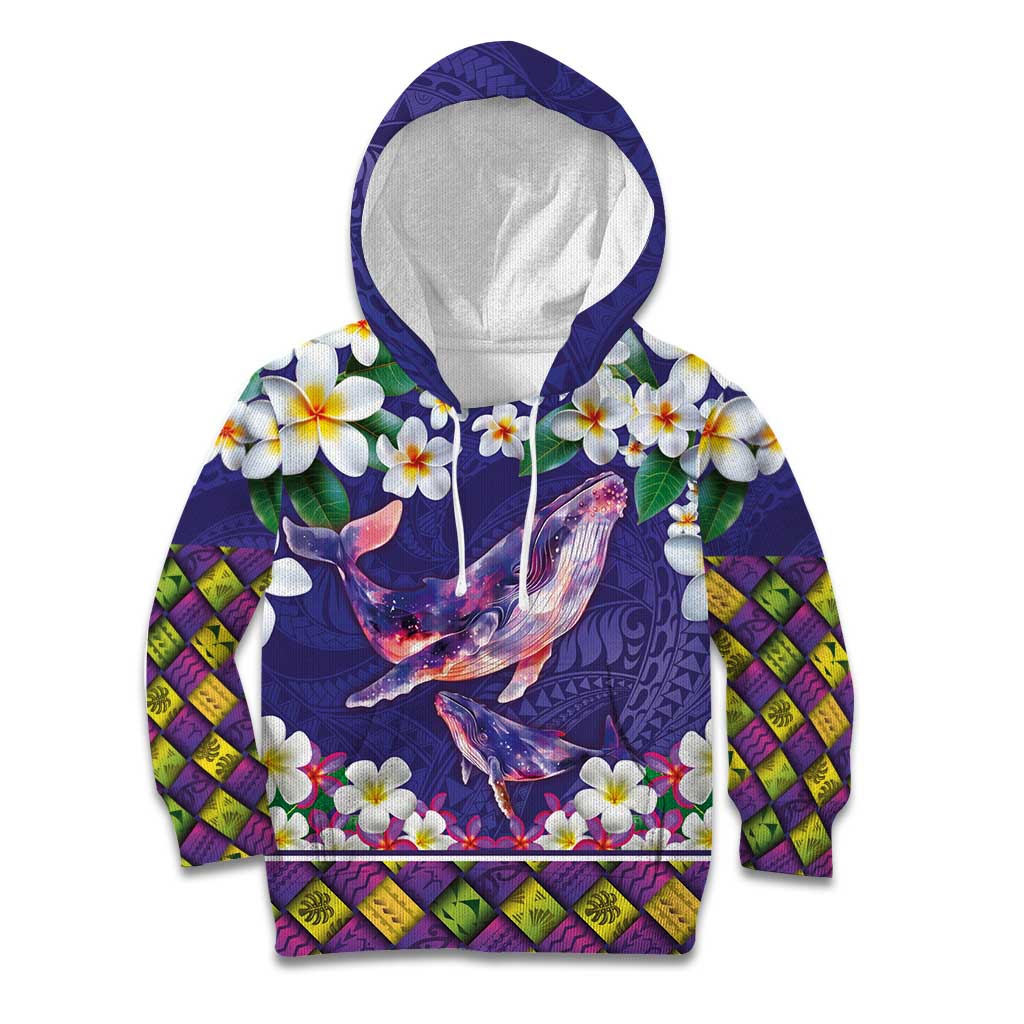 Hawaiian Plumeria and Humpback Whales Kid Hoodie Polynerian Art Tattoo-Navy Color