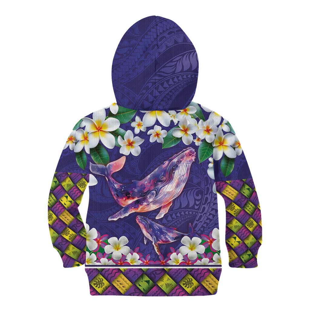 Hawaiian Plumeria and Humpback Whales Kid Hoodie Polynerian Art Tattoo-Navy Color