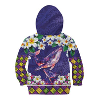 Hawaiian Plumeria and Humpback Whales Kid Hoodie Polynerian Art Tattoo-Navy Color