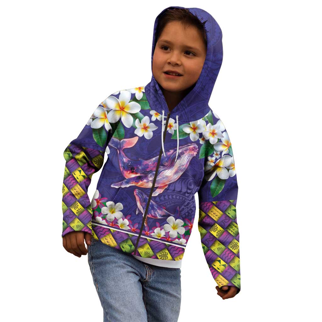 Hawaiian Plumeria and Humpback Whales Kid Hoodie Polynerian Art Tattoo-Navy Color