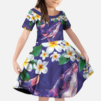 Hawaiian Plumeria and Humpback Whales Kid Short Sleeve Dress Polynerian Art Tattoo-Navy Color