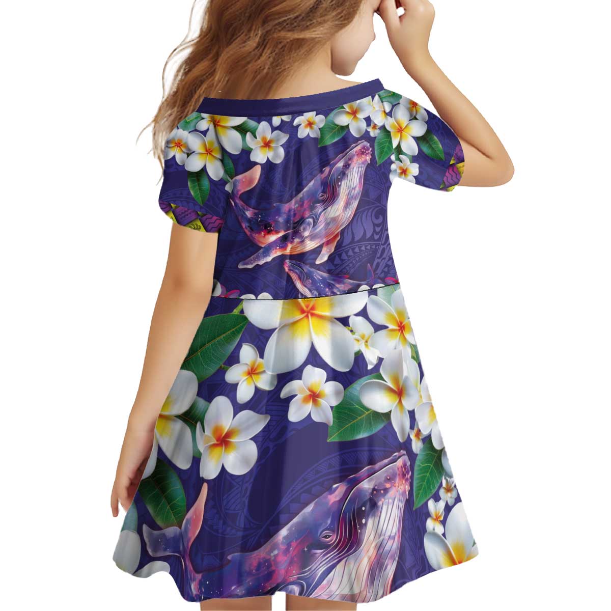 Hawaiian Plumeria and Humpback Whales Kid Short Sleeve Dress Polynerian Art Tattoo-Navy Color